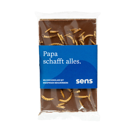 Sens Vollmilchschokolade mit knusprigen Mehlwürmern, „Papa schafft alles.“