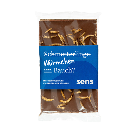 Sens Vollmilchschokolade mit knusprigen Mehlwürmern, „Würmchen im Bauch?“
