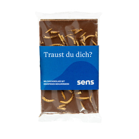 Sens Vollmilchschokolade mit knusprigen Mehlwürmern, „Traust du dich?“