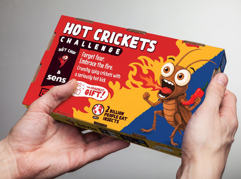 Hot Crickets Challenge gift box by Hot Chip and Sens, roasted spicy crickets