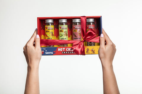 Hot Crickets Challenge gift box with red bow, Hot Chip and Sens