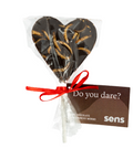 Sens dark chocolate lollipop with crunchy mealworms, “Do you dare?”