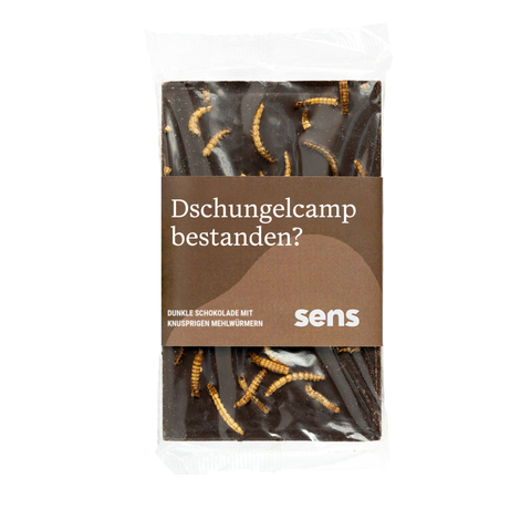 Sens Zartbitterschokolade mit knusprigen Mehlwürmern, „Dschungelcamp bestanden?“