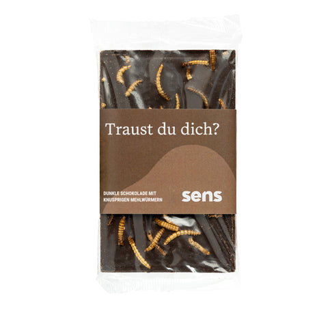 Sens Zartbitterschokolade mit knusprigen Mehlwürmern, „Traust du dich?“